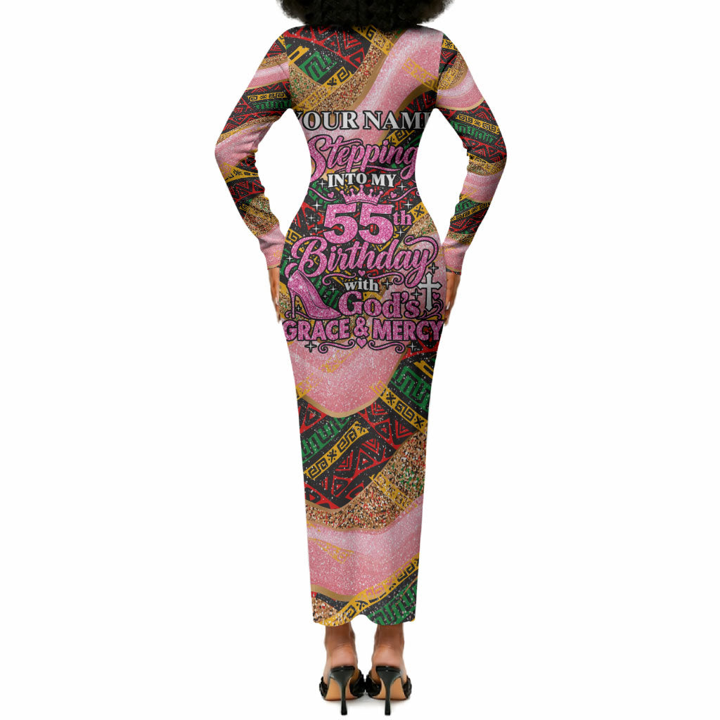 Personalized African Queen Stepping Into My 55th Birthday Long Sleeve Bodycon Dress Pink Sparkle Glitter Tribal Kente