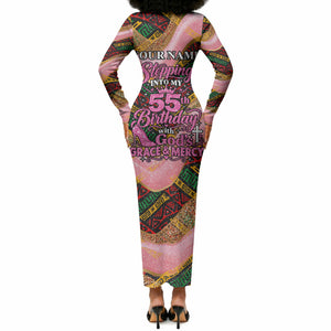 Personalized African Queen Stepping Into My 55th Birthday Long Sleeve Bodycon Dress Pink Sparkle Glitter Tribal Kente