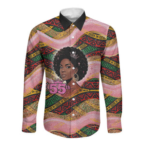 Personalized African Queen Stepping Into My 55th Birthday Long Sleeve Button Shirt Pink Sparkle Glitter Tribal Kente