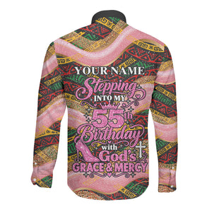 Personalized African Queen Stepping Into My 55th Birthday Long Sleeve Button Shirt Pink Sparkle Glitter Tribal Kente