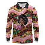 Personalized African Queen Stepping Into My 55th Birthday Long Sleeve Polo Shirt Pink Sparkle Glitter Tribal Kente