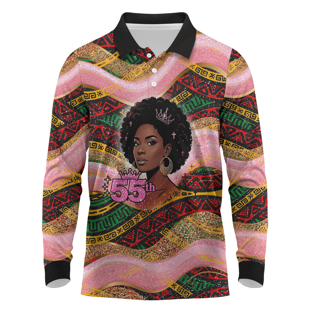 Personalized African Queen Stepping Into My 55th Birthday Long Sleeve Polo Shirt Pink Sparkle Glitter Tribal Kente