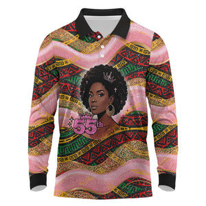 Personalized African Queen Stepping Into My 55th Birthday Long Sleeve Polo Shirt Pink Sparkle Glitter Tribal Kente