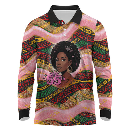 Personalized African Queen Stepping Into My 55th Birthday Long Sleeve Polo Shirt Pink Sparkle Glitter Tribal Kente