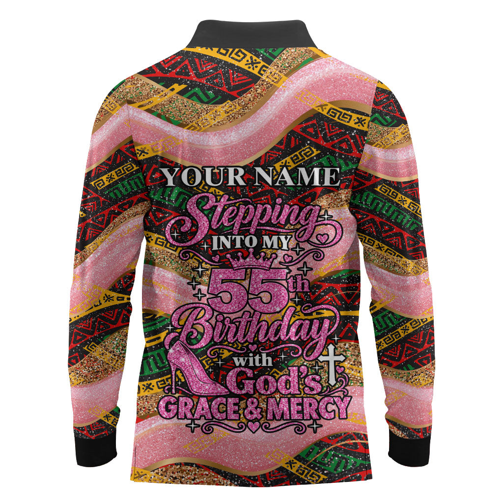 Personalized African Queen Stepping Into My 55th Birthday Long Sleeve Polo Shirt Pink Sparkle Glitter Tribal Kente
