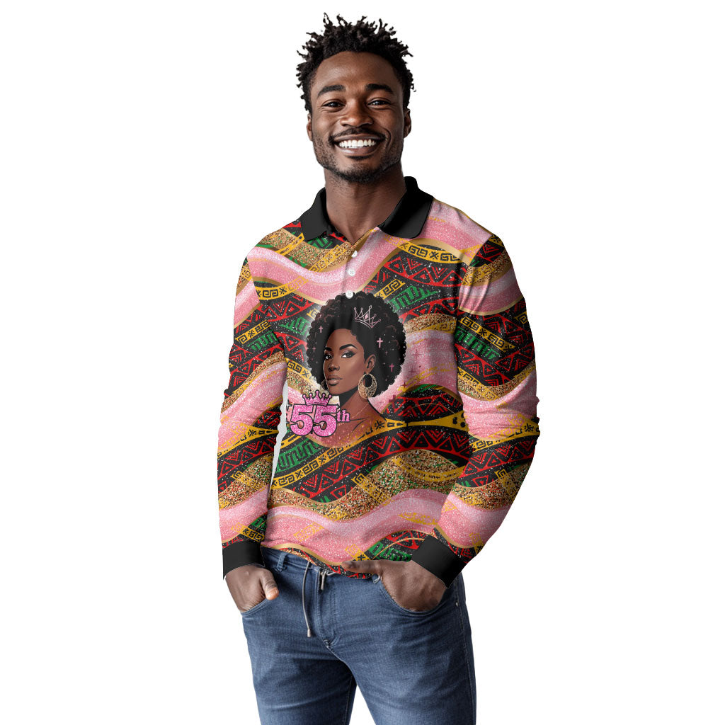Personalized African Queen Stepping Into My 55th Birthday Long Sleeve Polo Shirt Pink Sparkle Glitter Tribal Kente