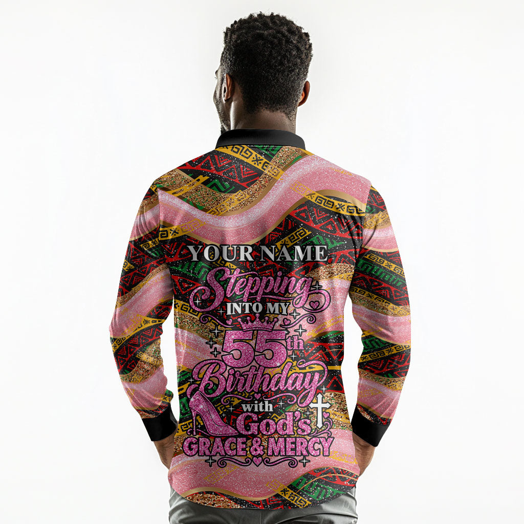 Personalized African Queen Stepping Into My 55th Birthday Long Sleeve Polo Shirt Pink Sparkle Glitter Tribal Kente