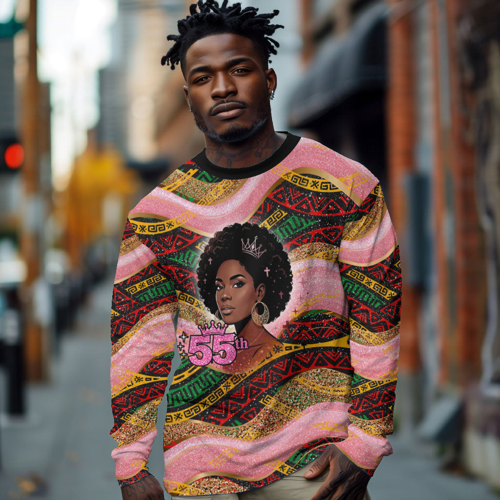 Personalized African Queen Stepping Into My 55th Birthday Long Sleeve Shirt Pink Sparkle Glitter Tribal Kente