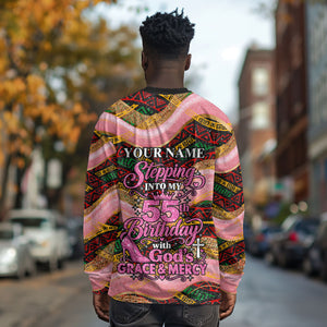 Personalized African Queen Stepping Into My 55th Birthday Long Sleeve Shirt Pink Sparkle Glitter Tribal Kente