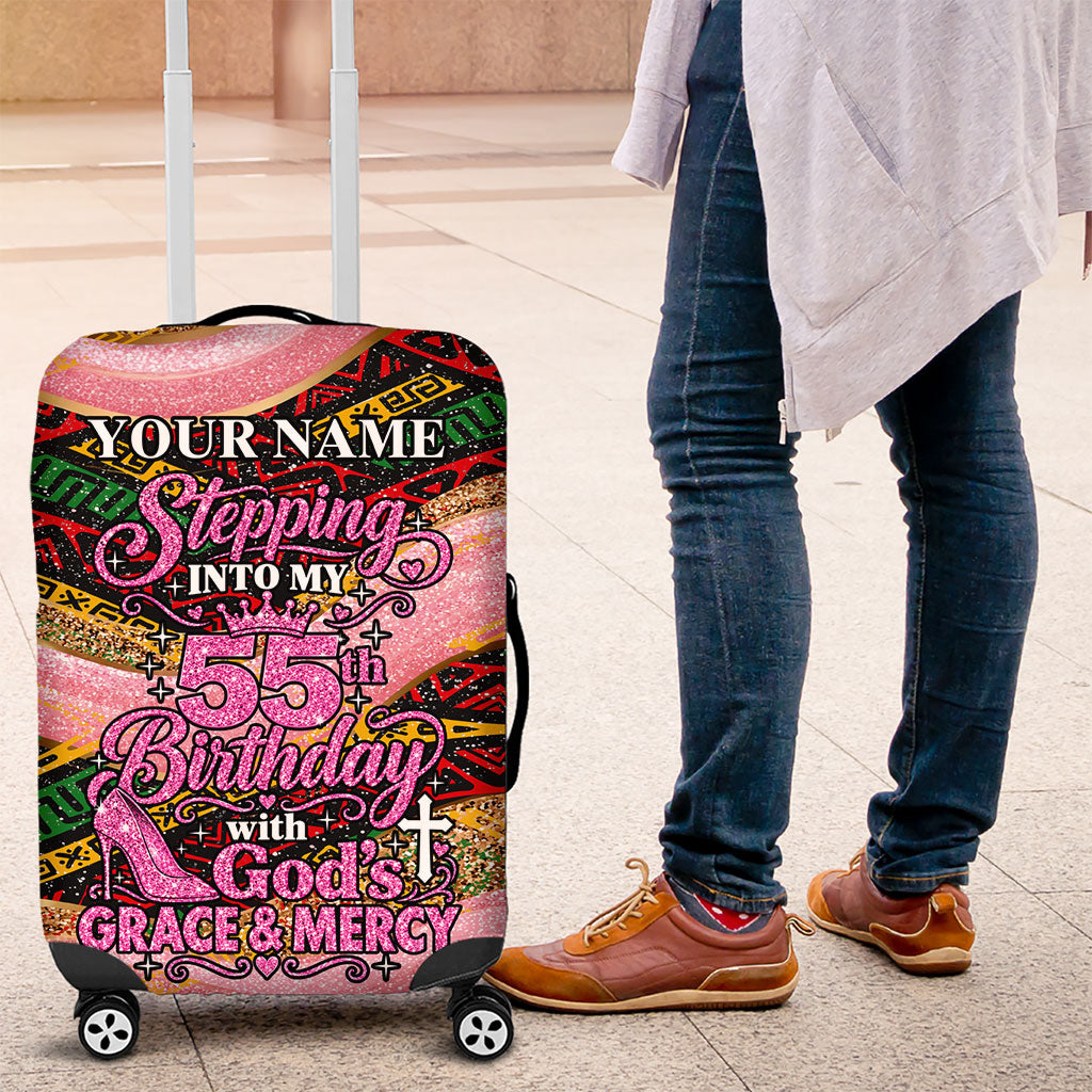 Personalized African Queen Stepping Into My 55th Birthday Luggage Cover Pink Sparkle Glitter Tribal Kente