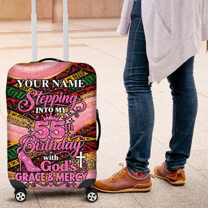 Personalized African Queen Stepping Into My 55th Birthday Luggage Cover Pink Sparkle Glitter Tribal Kente