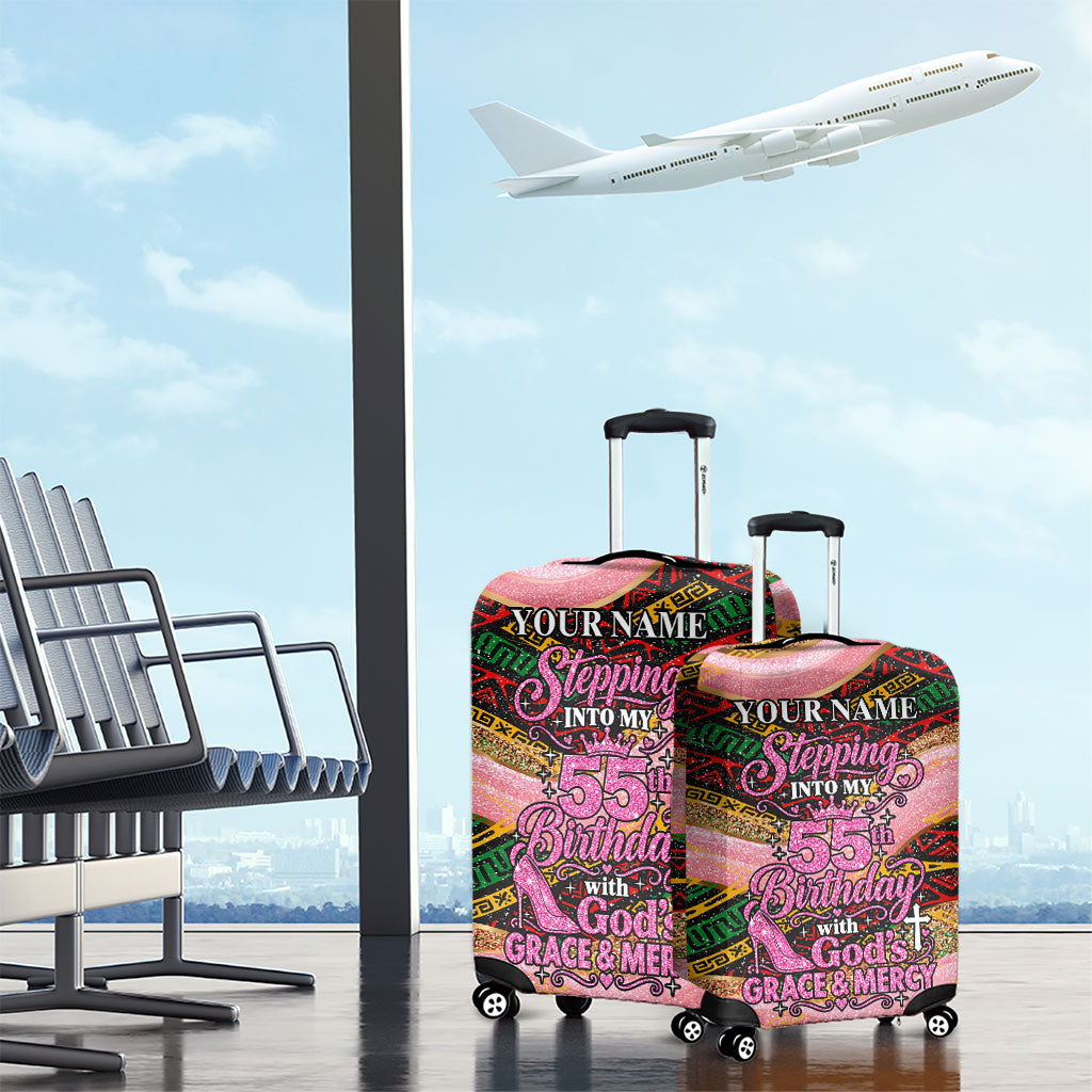 Personalized African Queen Stepping Into My 55th Birthday Luggage Cover Pink Sparkle Glitter Tribal Kente