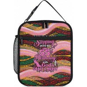 Personalized African Queen Stepping Into My 55th Birthday Lunch Bag Pink Sparkle Glitter Tribal Kente