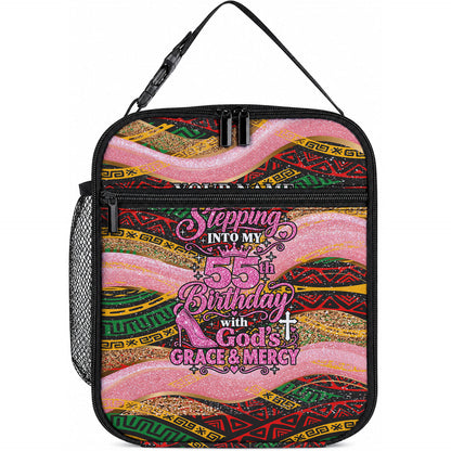 Personalized African Queen Stepping Into My 55th Birthday Lunch Bag Pink Sparkle Glitter Tribal Kente