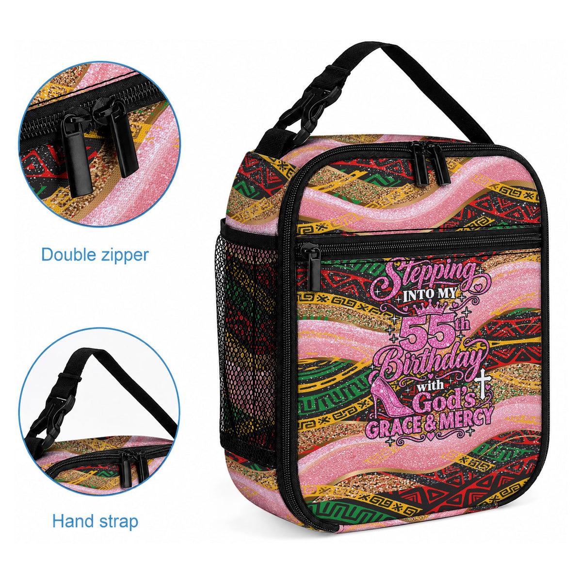 Personalized African Queen Stepping Into My 55th Birthday Lunch Bag Pink Sparkle Glitter Tribal Kente