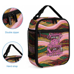 Personalized African Queen Stepping Into My 55th Birthday Lunch Bag Pink Sparkle Glitter Tribal Kente