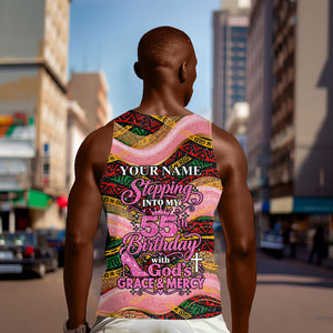 Personalized African Queen Stepping Into My 55th Birthday Men Tank Top Pink Sparkle Glitter Tribal Kente