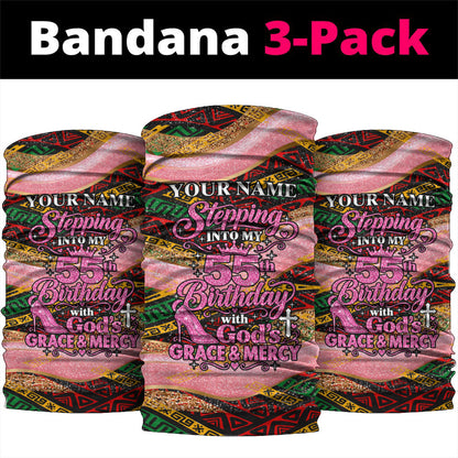 Personalized African Queen Stepping Into My 55th Birthday Neck Gaiter Pink Sparkle Glitter Tribal Kente