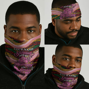 Personalized African Queen Stepping Into My 55th Birthday Neck Gaiter Pink Sparkle Glitter Tribal Kente