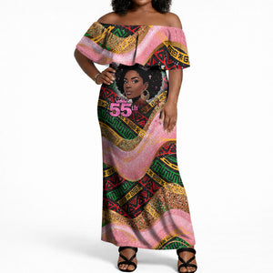 Personalized African Queen Stepping Into My 55th Birthday Off Shoulder Maxi Dress Pink Sparkle Glitter Tribal Kente