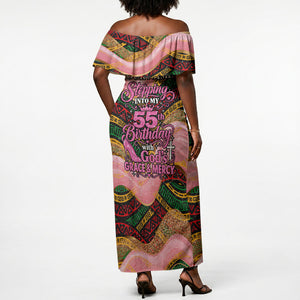 Personalized African Queen Stepping Into My 55th Birthday Off Shoulder Maxi Dress Pink Sparkle Glitter Tribal Kente
