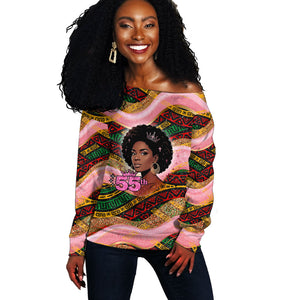 Personalized African Queen Stepping Into My 55th Birthday Off Shoulder Sweater Pink Sparkle Glitter Tribal Kente