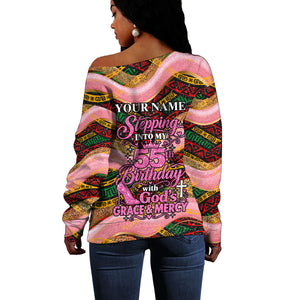 Personalized African Queen Stepping Into My 55th Birthday Off Shoulder Sweater Pink Sparkle Glitter Tribal Kente