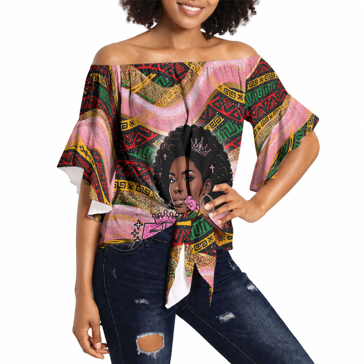 Personalized African Queen Stepping Into My 55th Birthday Off Shoulder Wrap Waist Top Pink Sparkle Glitter Tribal Kente