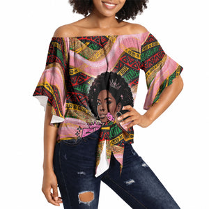 Personalized African Queen Stepping Into My 55th Birthday Off Shoulder Wrap Waist Top Pink Sparkle Glitter Tribal Kente