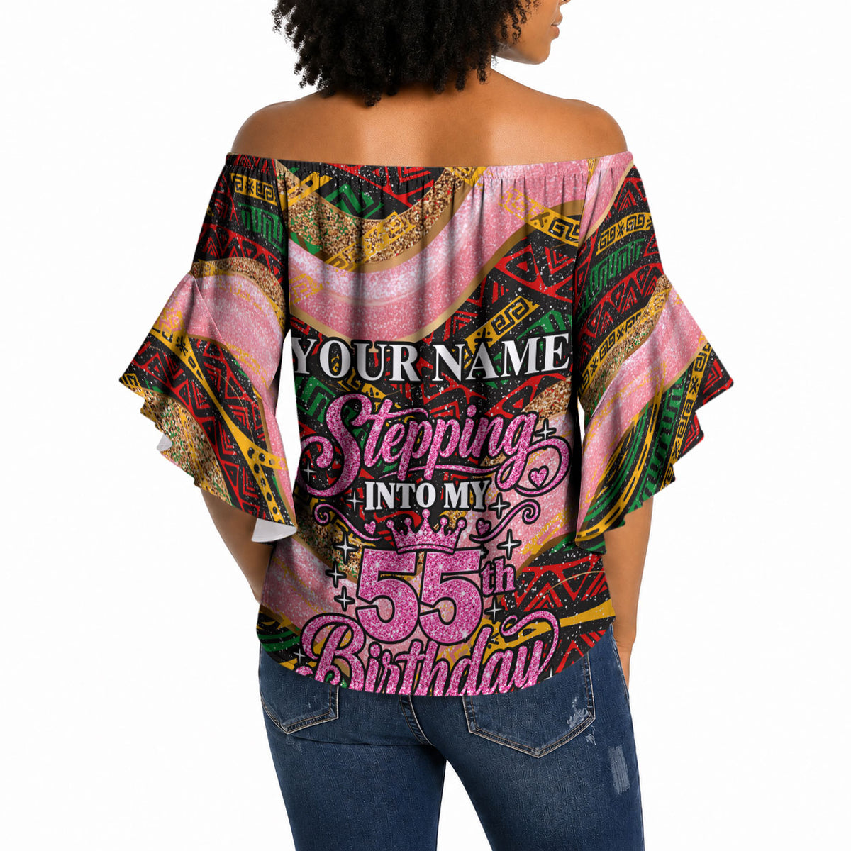 Personalized African Queen Stepping Into My 55th Birthday Off Shoulder Wrap Waist Top Pink Sparkle Glitter Tribal Kente