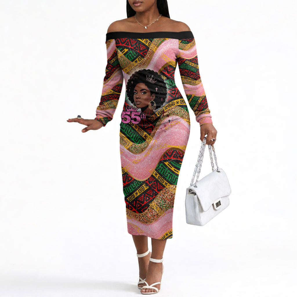 Personalized African Queen Stepping Into My 55th Birthday Off The Shoulder Long Sleeve Dress Pink Sparkle Glitter Tribal Kente