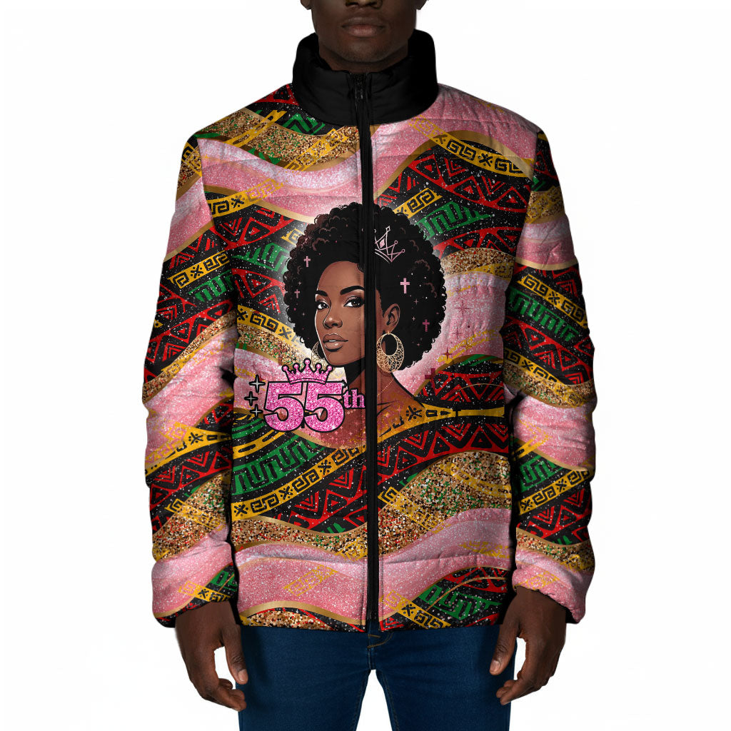 Personalized African Queen Stepping Into My 55th Birthday Padded Jacket Pink Sparkle Glitter Tribal Kente