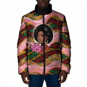 Personalized African Queen Stepping Into My 55th Birthday Padded Jacket Pink Sparkle Glitter Tribal Kente