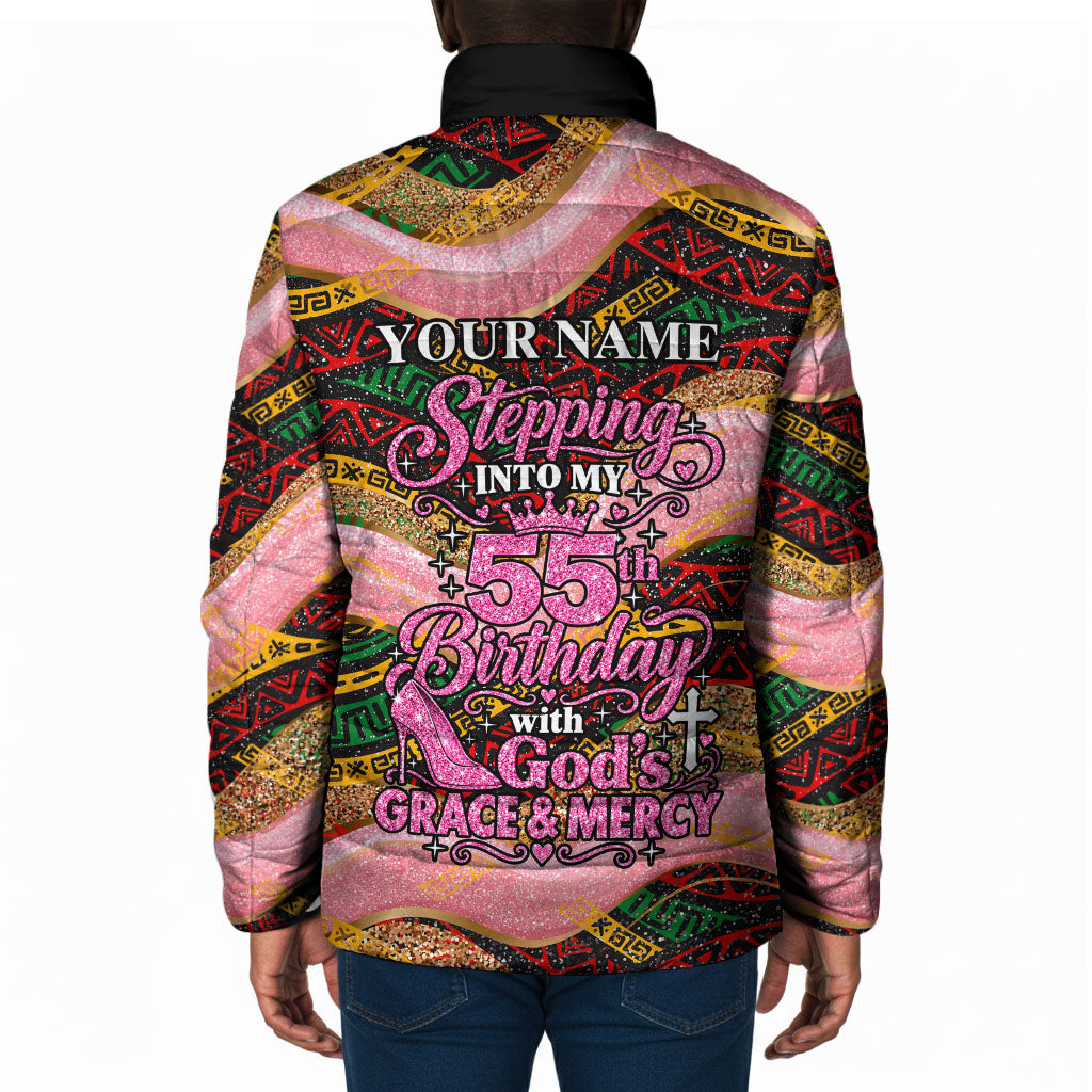 Personalized African Queen Stepping Into My 55th Birthday Padded Jacket Pink Sparkle Glitter Tribal Kente