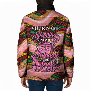 Personalized African Queen Stepping Into My 55th Birthday Padded Jacket Pink Sparkle Glitter Tribal Kente