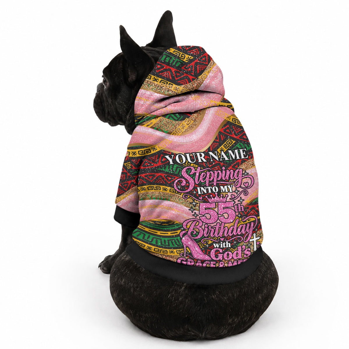 Personalized African Queen Stepping Into My 55th Birthday Pet Hoodie Pink Sparkle Glitter Tribal Kente