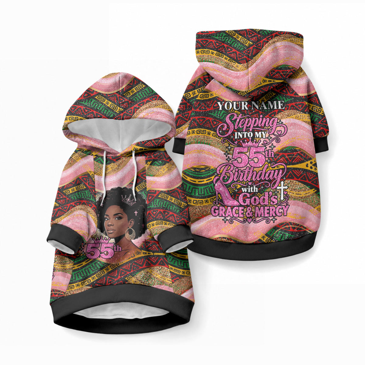Personalized African Queen Stepping Into My 55th Birthday Pet Hoodie Pink Sparkle Glitter Tribal Kente