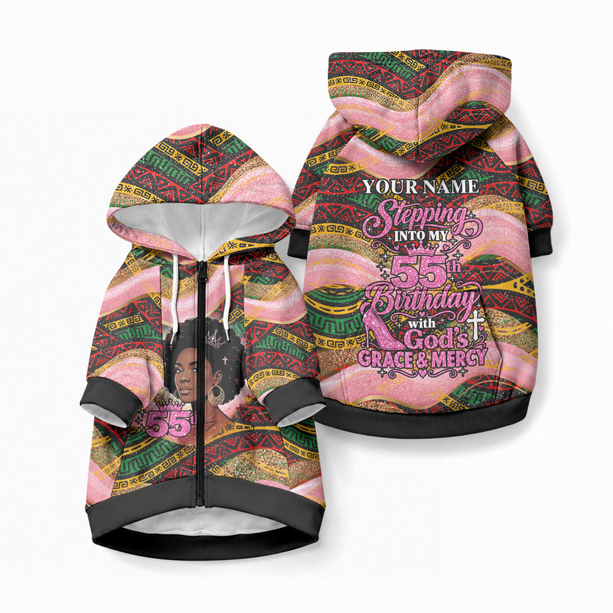Personalized African Queen Stepping Into My 55th Birthday Pet Hoodie Pink Sparkle Glitter Tribal Kente