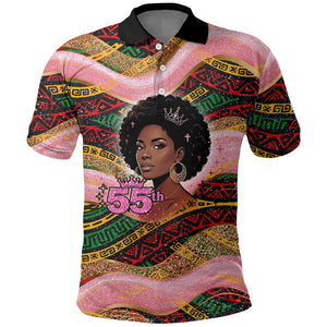 Personalized African Queen Stepping Into My 55th Birthday Polo Shirt Pink Sparkle Glitter Tribal Kente