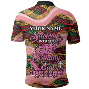 Personalized African Queen Stepping Into My 55th Birthday Polo Shirt Pink Sparkle Glitter Tribal Kente