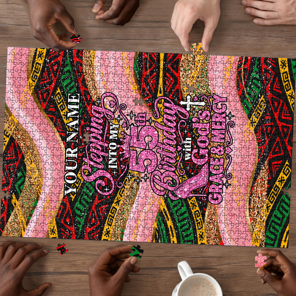 Personalized African Queen Stepping Into My 55th Birthday Puzzle Pink Sparkle Glitter Tribal Kente