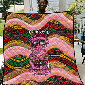 Personalized African Queen Stepping Into My 55th Birthday Quilt Pink Sparkle Glitter Tribal Kente