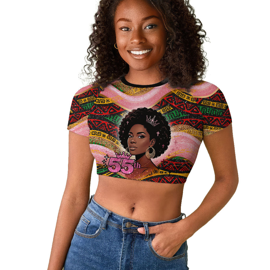 Personalized African Queen Stepping Into My 55th Birthday Raglan Cropped T shirt Pink Sparkle Glitter Tribal Kente