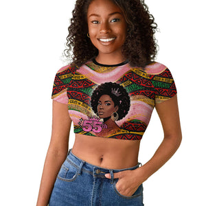 Personalized African Queen Stepping Into My 55th Birthday Raglan Cropped T shirt Pink Sparkle Glitter Tribal Kente