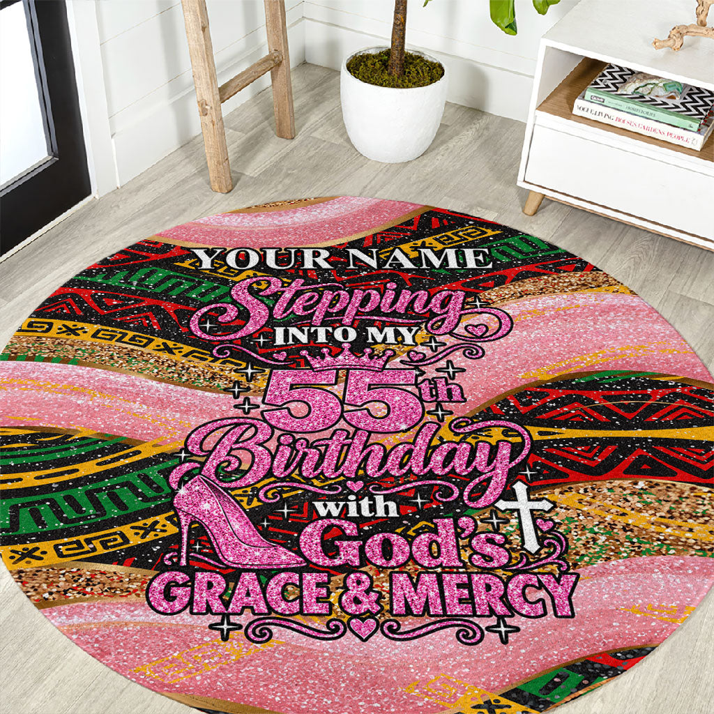 Personalized African Queen Stepping Into My 55th Birthday Round Carpet Pink Sparkle Glitter Tribal Kente