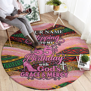 Personalized African Queen Stepping Into My 55th Birthday Round Carpet Pink Sparkle Glitter Tribal Kente