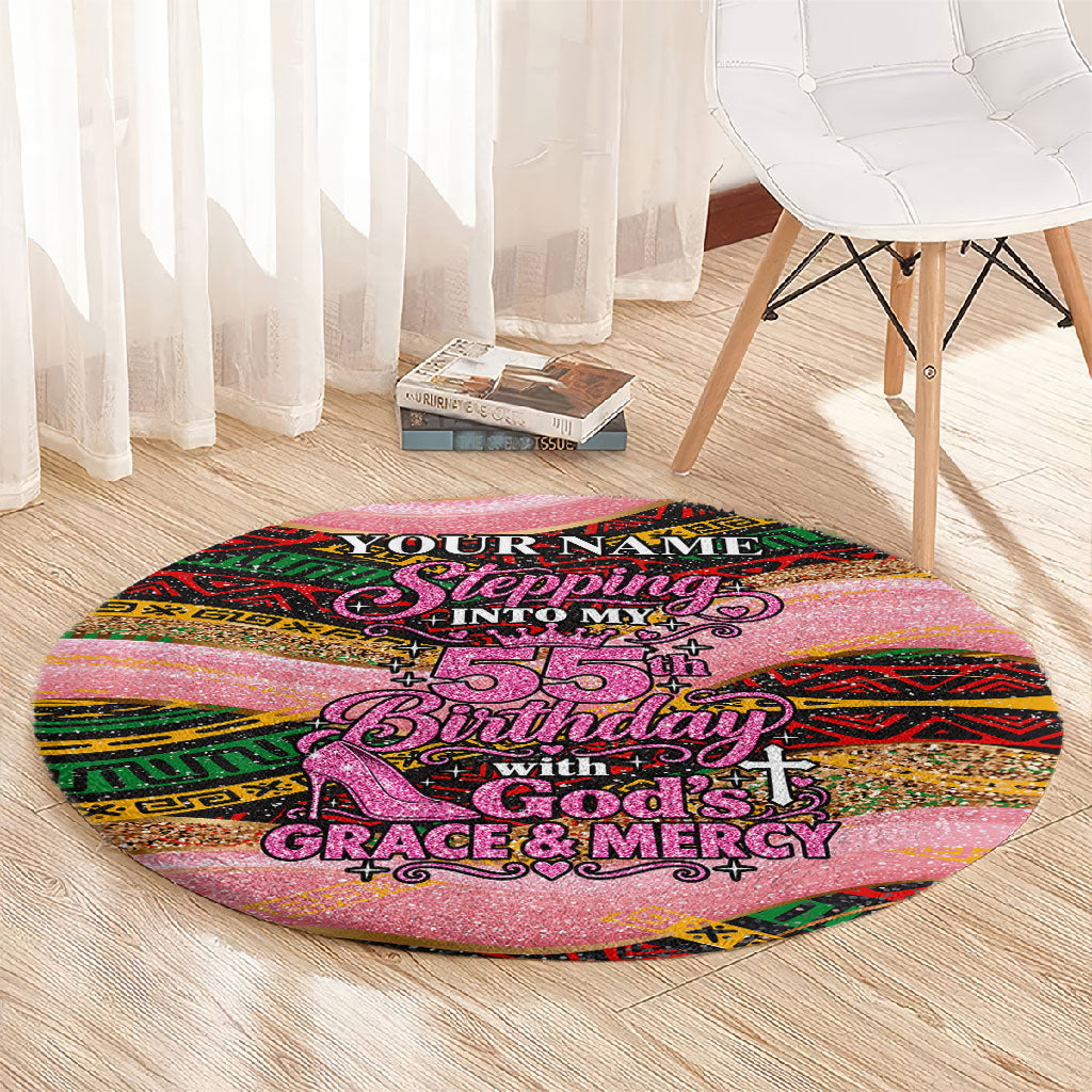 Personalized African Queen Stepping Into My 55th Birthday Round Carpet Pink Sparkle Glitter Tribal Kente