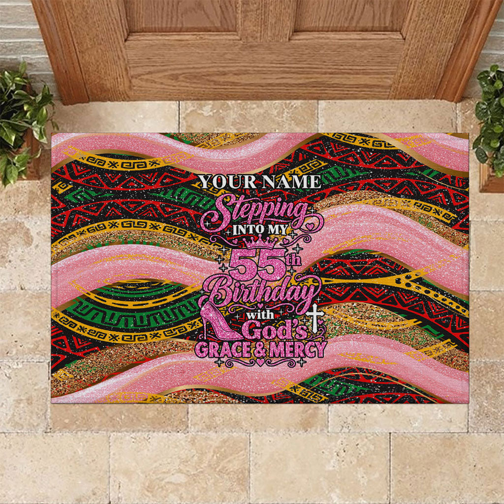 Personalized African Queen Stepping Into My 55th Birthday Rubber Doormat Pink Sparkle Glitter Tribal Kente