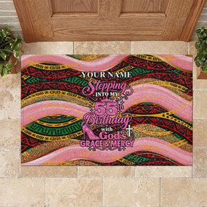 Personalized African Queen Stepping Into My 55th Birthday Rubber Doormat Pink Sparkle Glitter Tribal Kente