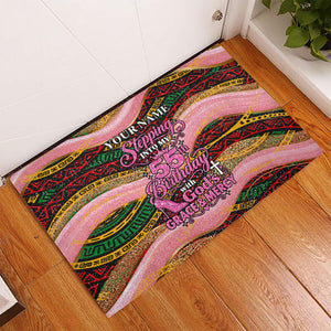 Personalized African Queen Stepping Into My 55th Birthday Rubber Doormat Pink Sparkle Glitter Tribal Kente